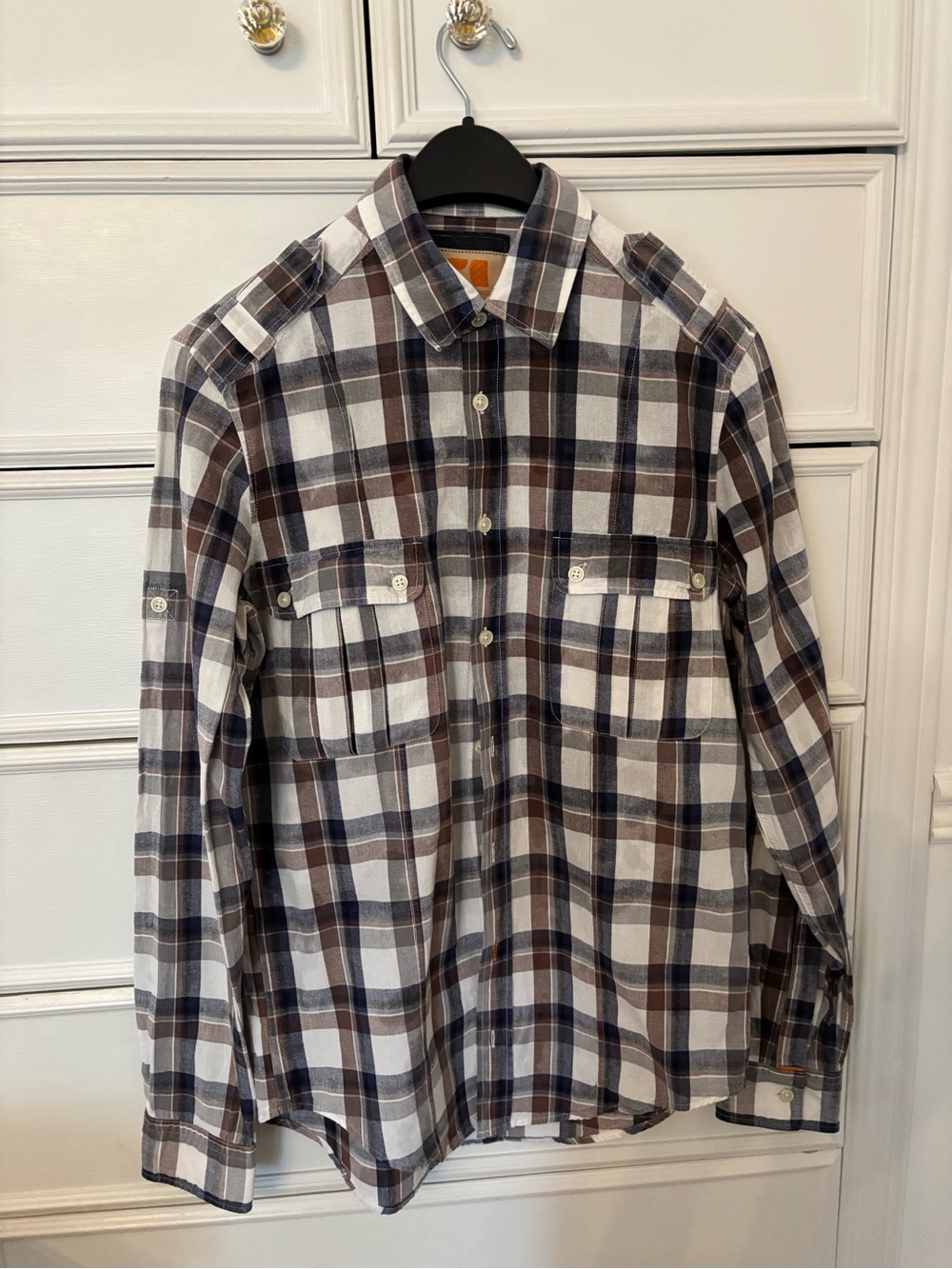 Men's Boss Orange, Brown & Navy Plaid Long-Sleeve Button-Down Shirt